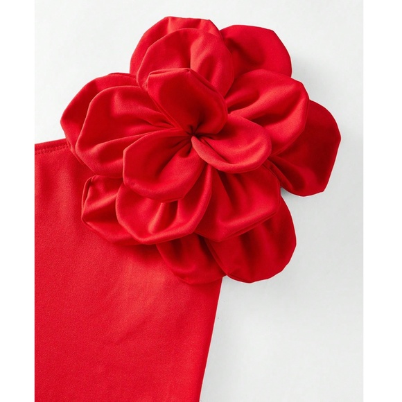Red Large Flower One Shoulder Bodysuit Slim Fit Asymmetrical - Picture 9 of 12